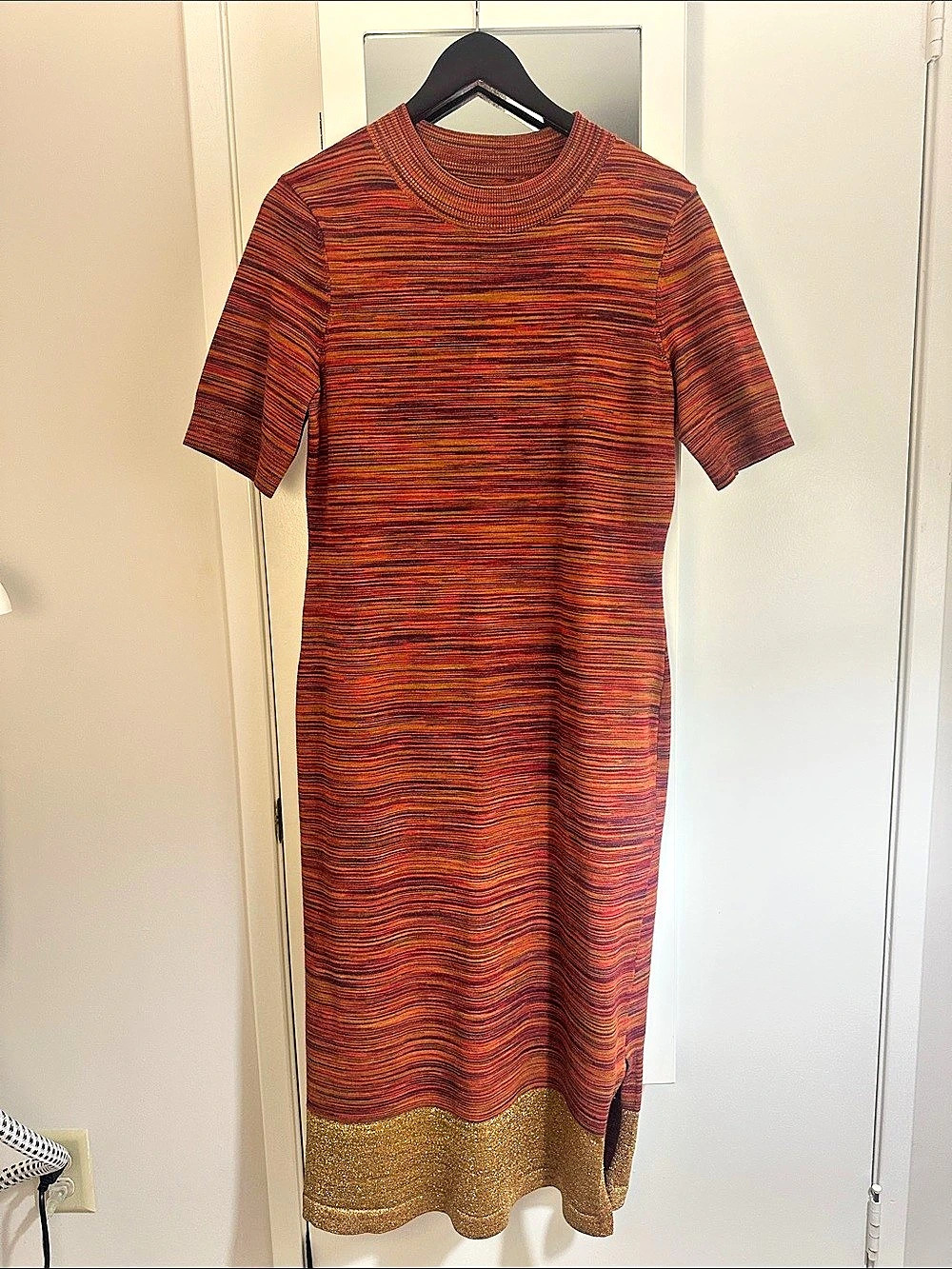 Anthropologie Maeve Lindy Mock Neck Striped Knit Midi Dress Gold Metallic Hem L